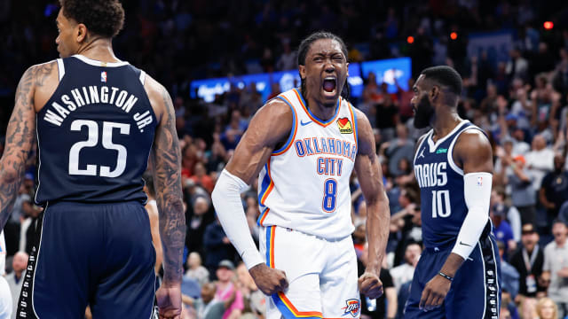 Mar 14, 2024; Oklahoma City, Oklahoma, USA; Oklahoma City Thunder forward Jalen Williams (8) celebrates after dunking against the Dallas Mavericks during the second half at Paycom Center.